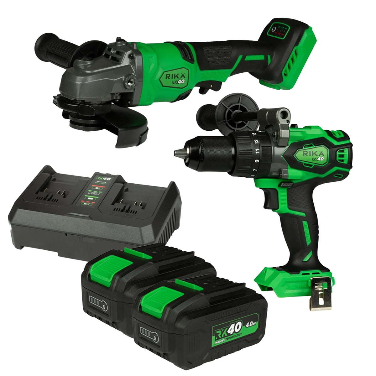 Rikä RK40 40V Drill & Grind Kit | Drill + Grinder | Brushless | 2x 4.0Ah Tabless Batteries